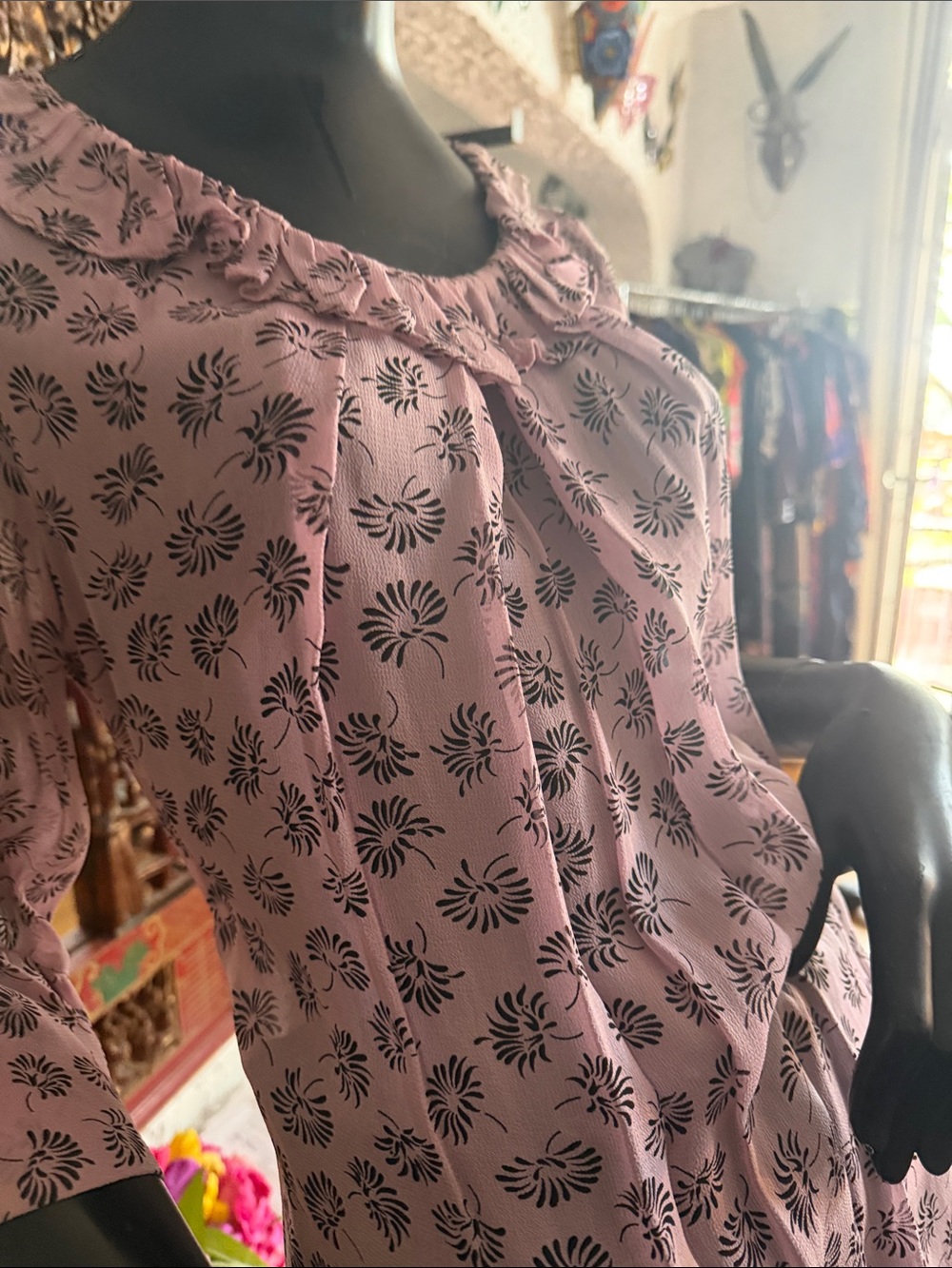 Pink Floral Print Ruffled Neck Blouses - Picture 7 of 7